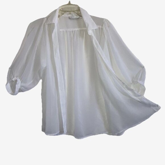 MINK PINK White Chiffon Puff 3/4 Sleeve Button Blouse Over-Top Cardigan Tunic - Picture 1 of 6